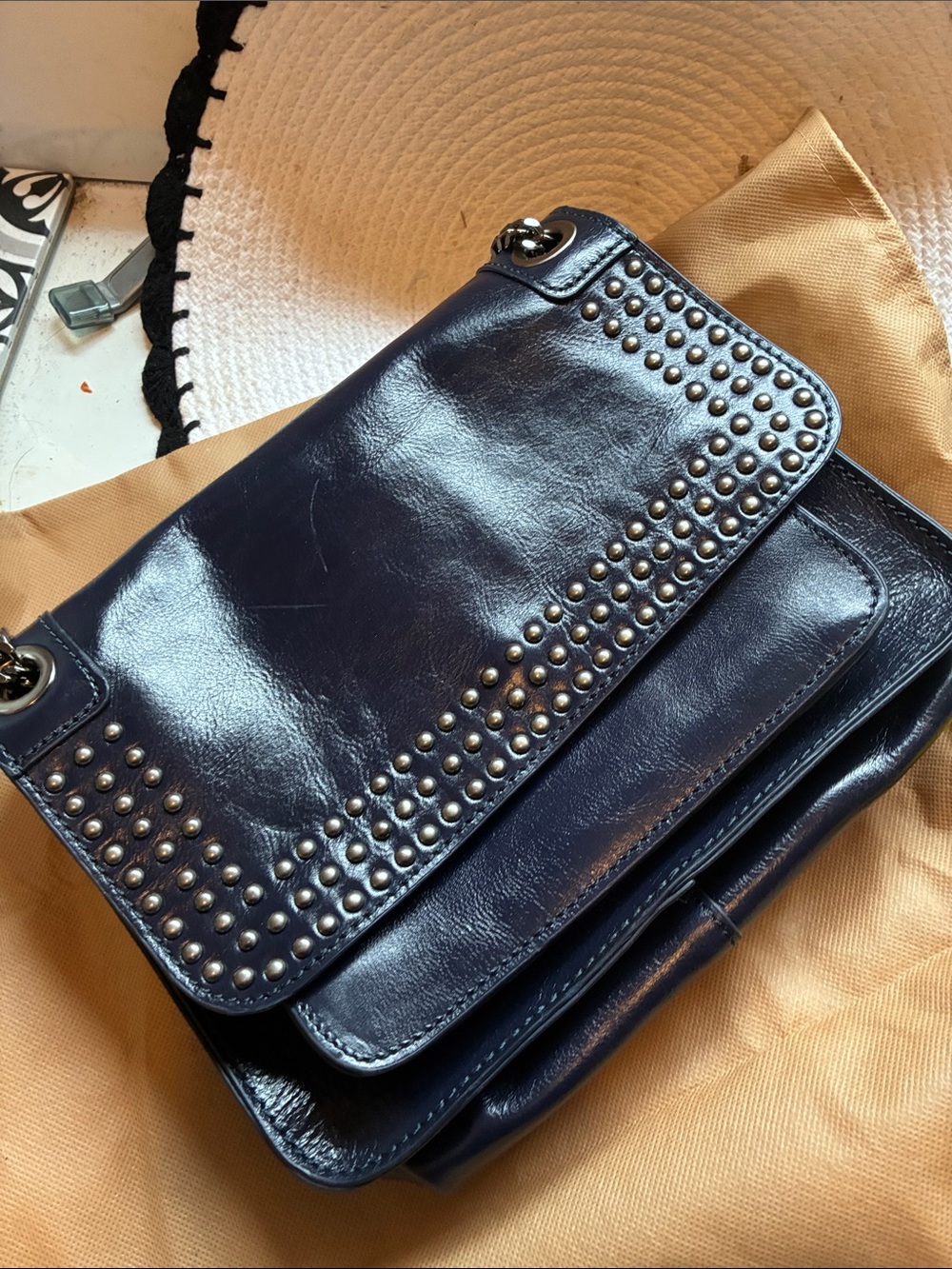 Patricia Nash Black Leather Studded Chain-Handle Shoulder Bag - Picture 12 of 13